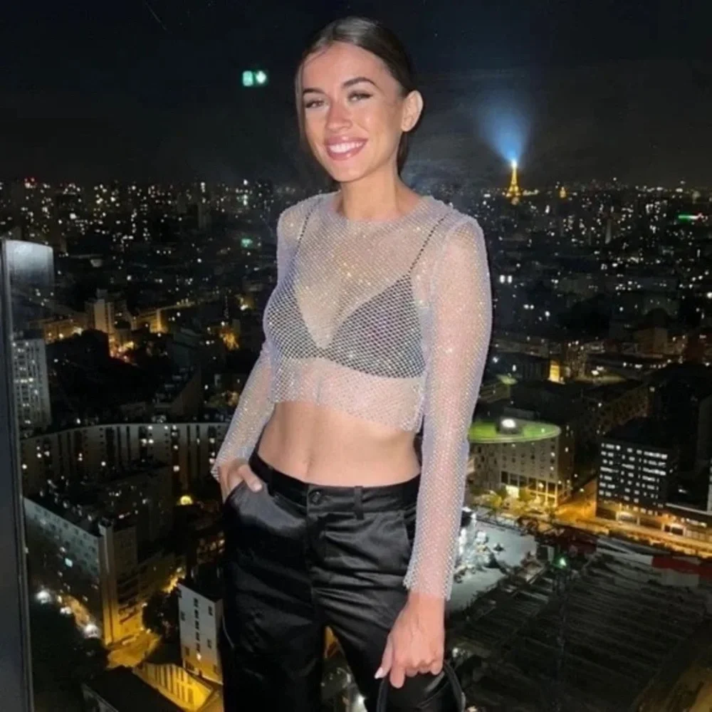 Zara Chain link Sparkle Mesh Long-Sleeve Crop Top - Festival Top - Picture 2 of 5